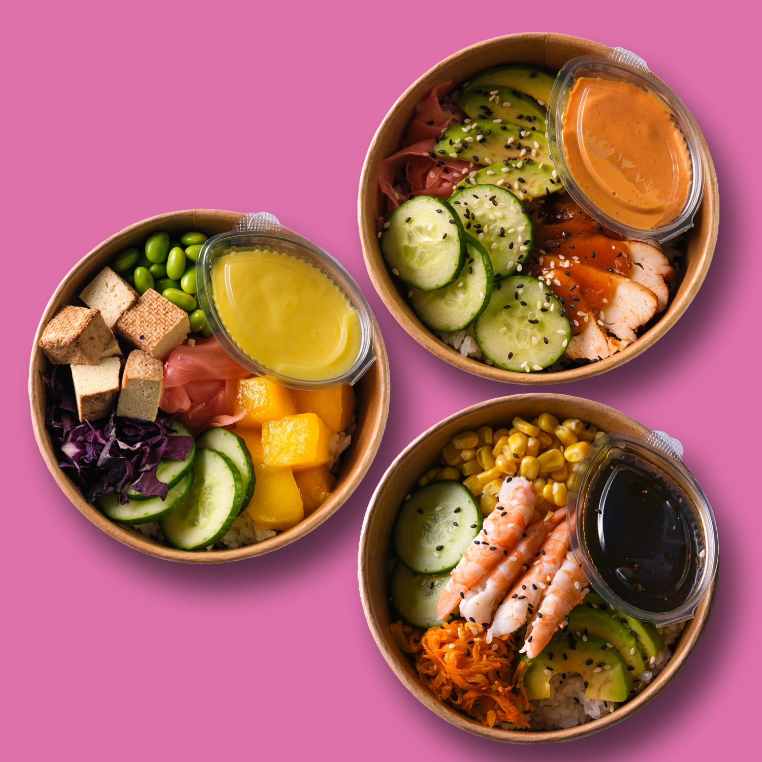 Three bowls of fresh food