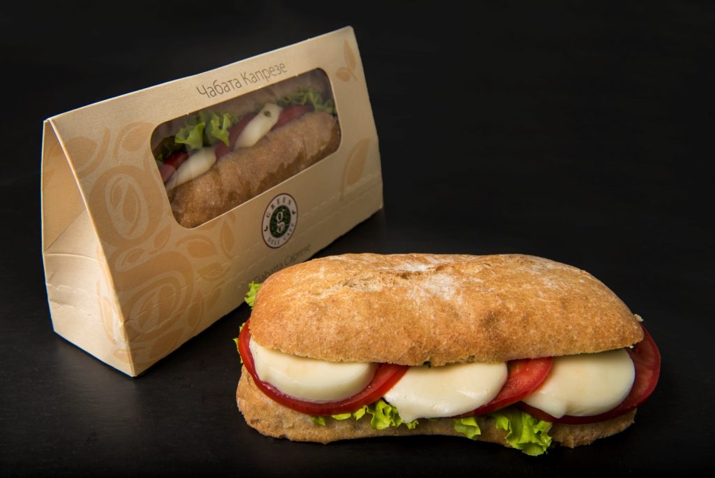 Ciabatta with mozzarella, pesto and tomato